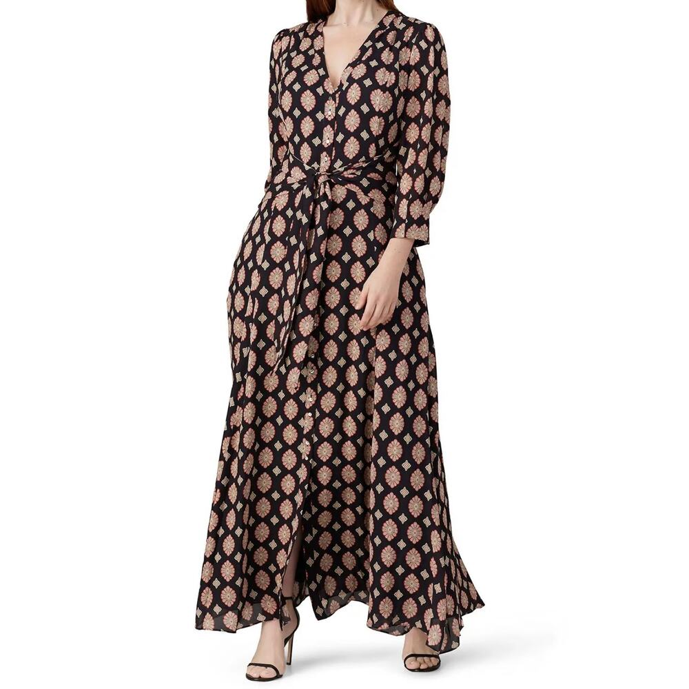 Nicholas Black Printed Silk Noura Tie Waist Maxi Dress Size 14